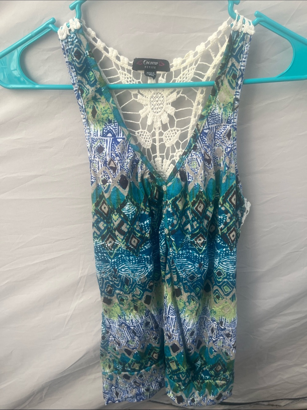 Cocomo Teal Blue & Green Crochet-Back Printed Tank Top